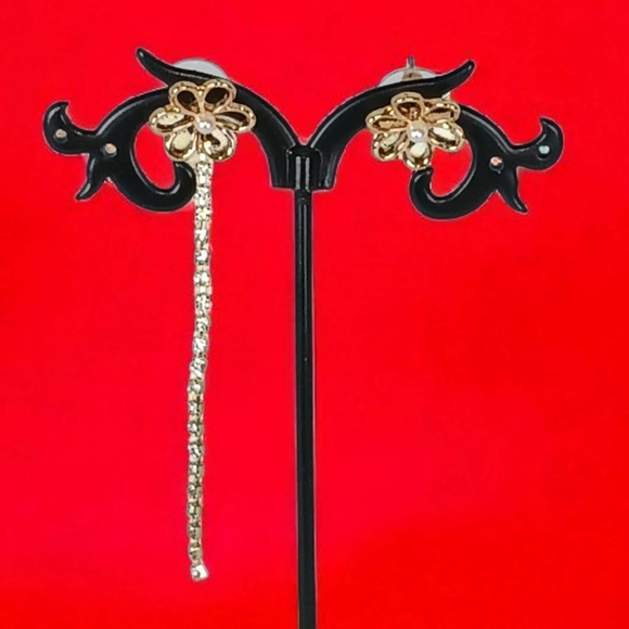 Gold Flower Rhinestone Linear Drop Earrings Pearl Luxe Bling Modern Retro Glam - Picture 7 of 15